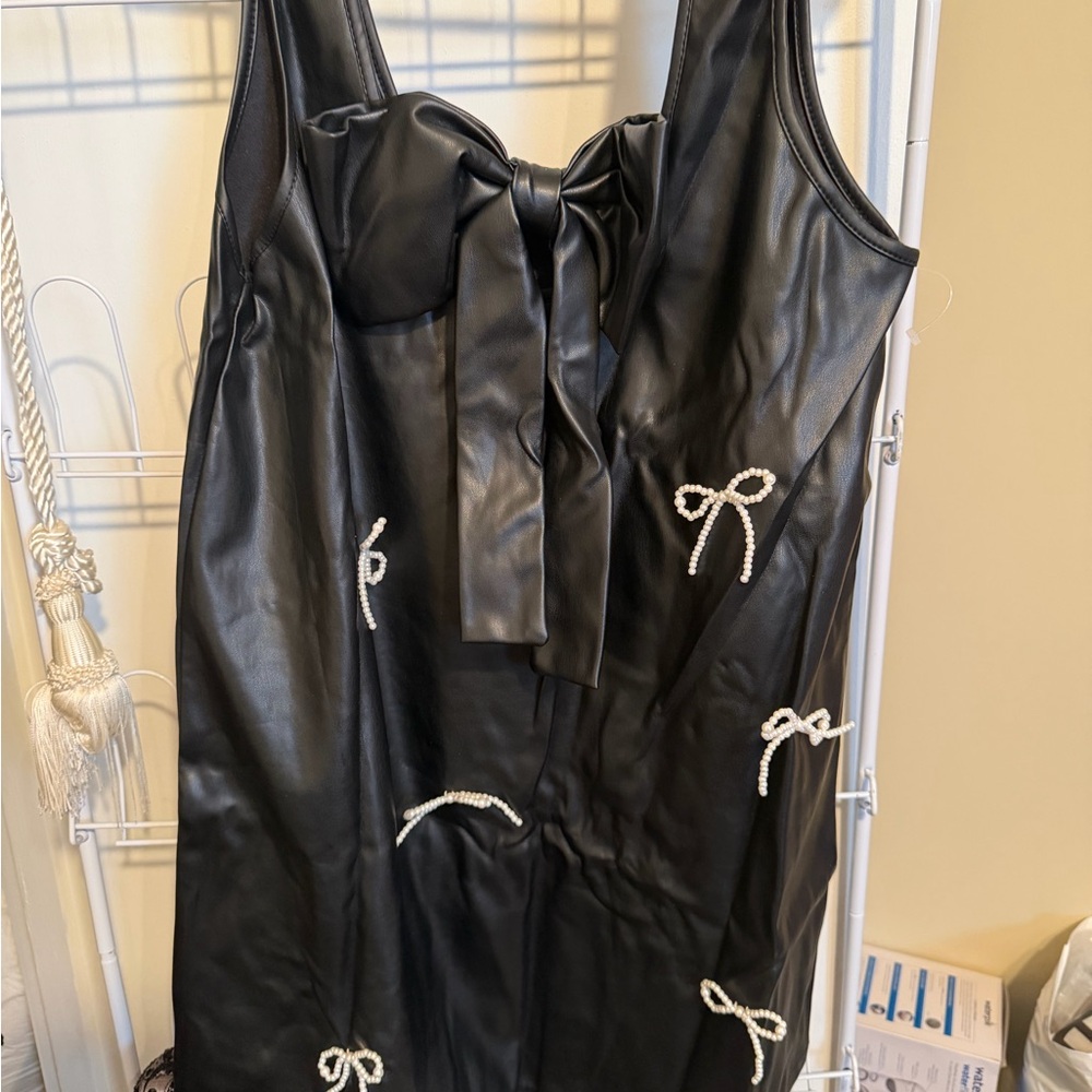 SHEIN Black Faux Leather Dress with White Bow Accents
